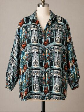 VINTAGE Picasso Tomato Plant Silk Blouse Button Up L XL Fine Art Fashions Ltd